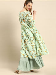 Nayo Women Mint Green Calf Length Three-Quarter Sleeves A-Line Floral Printed Cotton Kurta