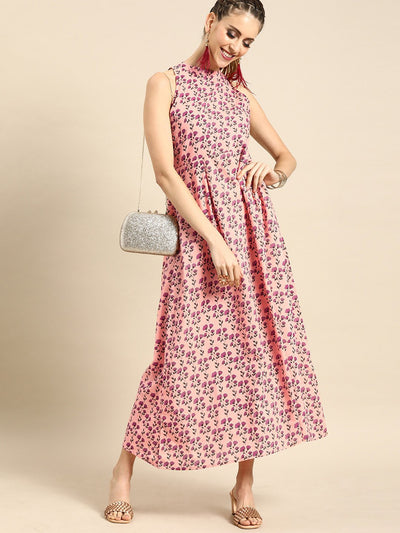 Nayo Women Pink Floral Printed Halter Neck A-Line Dress