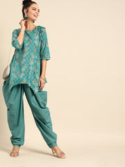 Nayo Women Firozi Three-Quarter Sleeves Asymmetric Peplum Kurta with Dhoti Pants