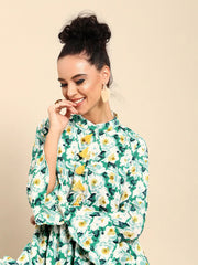 Women Green & White Printed Kurta with Dhoti Pants