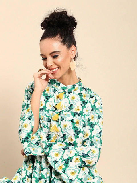 Women Green & White Printed Kurta with Dhoti Pants