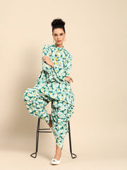 Women Green & White Printed Kurta with Dhoti Pants