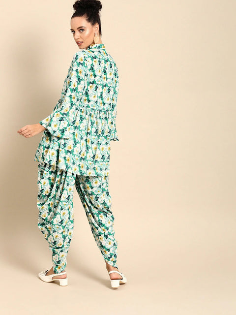 Women Green & White Printed Kurta with Dhoti Pants