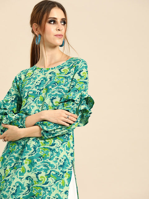 Nayo Women Green Calf Length Long Sleeves Straight Floral Printed Cotton Kurta