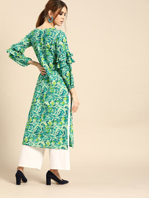 Nayo Women Green Calf Length Long Sleeves Straight Floral Printed Cotton Kurta