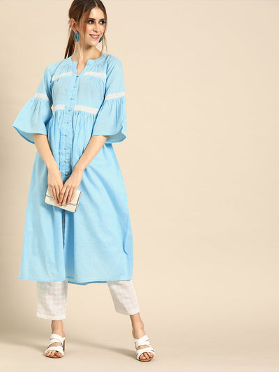 Women Blue & White Solid Kurta with Schiffli Trousers