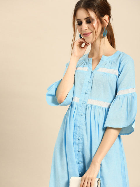 Women Blue & White Solid Kurta with Schiffli Trousers