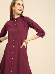Nayo Women Burgundy Solid Solid Mandarin Collar Fit and Flare Dress