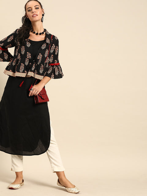 Nayo Women Black Calf Length Three-Quarter Sleeves Straight Floral Printed Cotton Kurta with Jacket