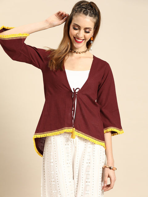 Nayo Women Solid Maroon Shrug With Tassle and Lace Detail