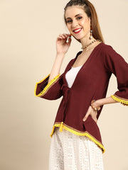 Nayo Women Solid Maroon Shrug With Tassle and Lace Detail