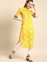 Nayo Women Yellow Calf Length Short Sleeves Straight Ethnic Motifs Printed Cotton Kurta with Jacket