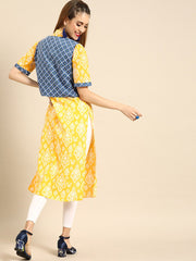 Nayo Women Yellow Calf Length Short Sleeves Straight Ethnic Motifs Printed Cotton Kurta with Jacket