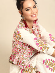 Nayo Women Off White Calf Length Three-Quarter Sleeves Straight Floral Printed Cotton Kurta with Jacket