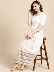 Nayo Women White Ethnic Motifs Printed Round Neck Cotton A-Line Dress