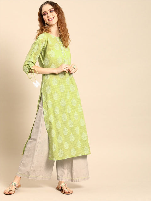 Women Pistachio Green Calf Length Three-Quarter Sleeves Straight Ethnic Motifs Printed Cotton Kurta