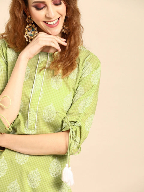 Women Pistachio Green Calf Length Three-Quarter Sleeves Straight Ethnic Motifs Printed Cotton Kurta
