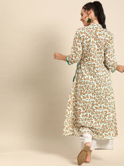 Nayo Women Off White Calf Length Three-Quarter Sleeves A-Line Floral Printed Cotton Kurta