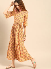 Nayo Women Peach-Coloured Printed Fit and Flare Dress