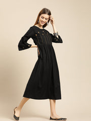 Women Black Solid Solid Round Neck Cotton A-Line Dress