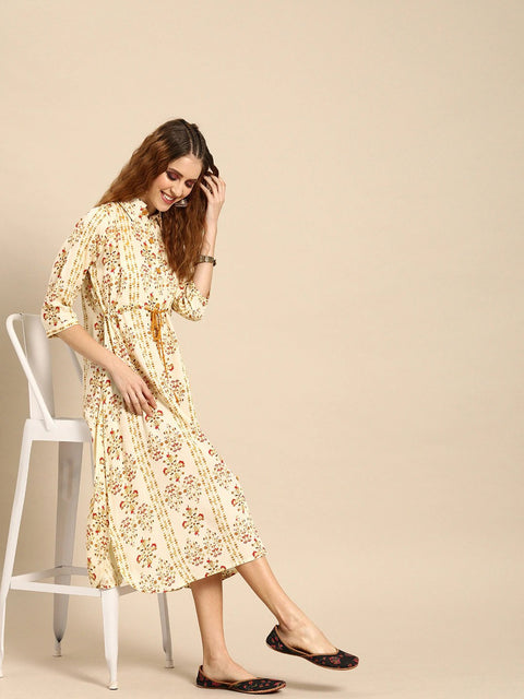Nayo Women Cream-Coloured  Mustard Yellow Printed A-Line Dress With Gathers  Tie-Up