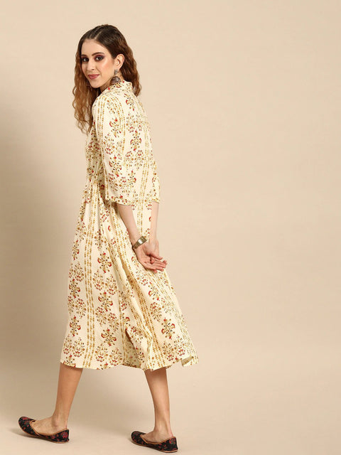 Nayo Women Cream-Coloured  Mustard Yellow Printed A-Line Dress With Gathers  Tie-Up