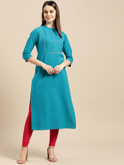 Nayo Women Rama Green Calf Length Three-Quarter Sleeves Straight Solid Yoke Design Cotton Kurta