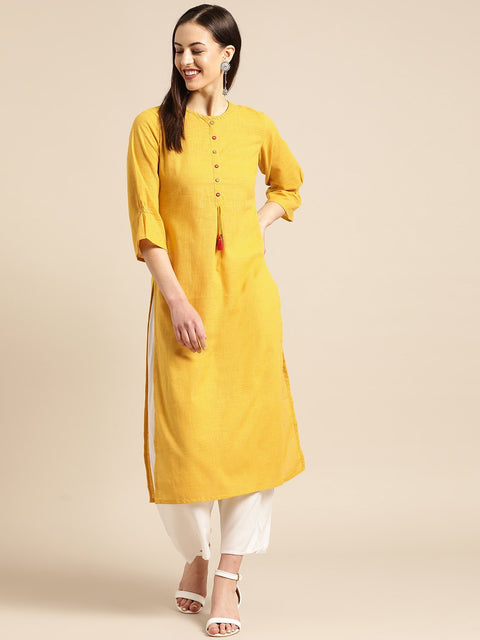 Nayo Women Yellow Calf Length Three-Quarter Sleeves Straight Solid Solid Cotton Kurta