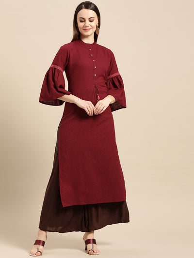 Women Maroon Calf Length Three-Quarter Sleeves Straight Solid Solid Cotton Kurta