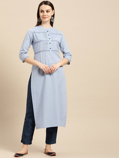 Nayo Women Sky Blue Calf Length Three-Quarter Sleeves Straight Solid Yoke Design Cotton Kurta