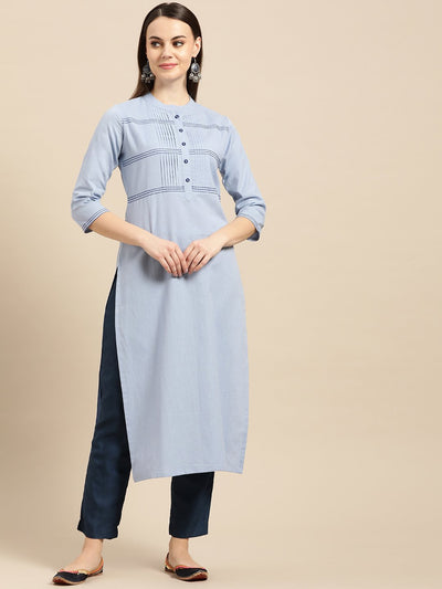 Women Sky Blue Calf Length Three-Quarter Sleeves Straight Solid Yoke Design Cotton Kurta
