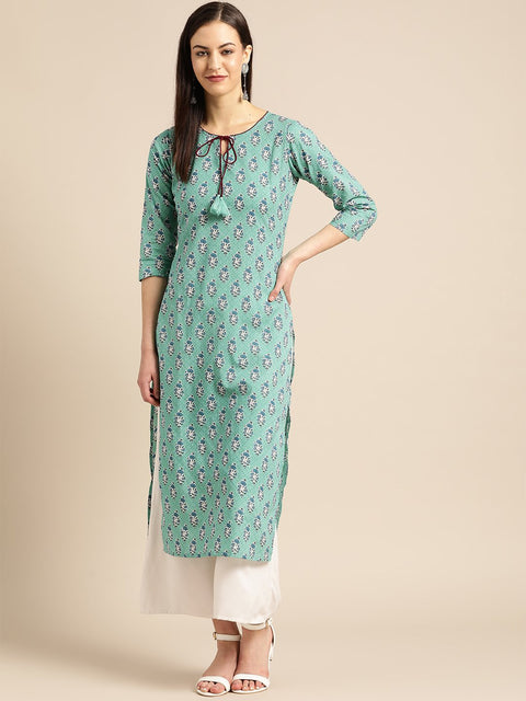 Women Sea Green Calf Length Three-Quarter Sleeves Straight Floral Printed Cotton Kurta