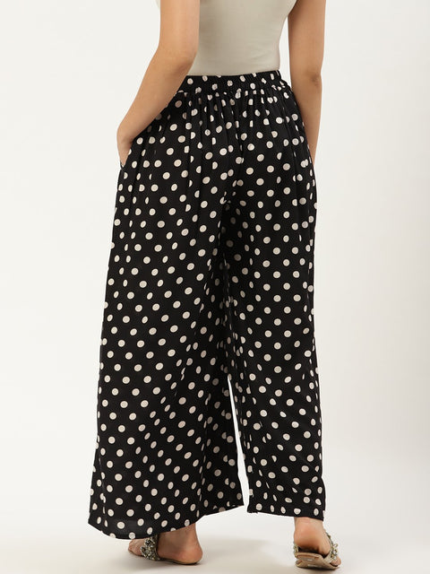 Women Black Polka Dots Printed Crepe Flared Palazzo
