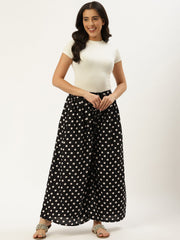 Women Black Polka Dots Printed Crepe Flared Palazzo