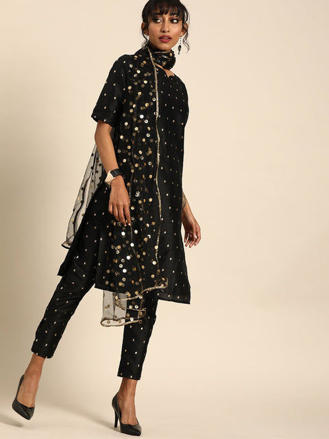 Women Black Three-Quarter Sleeves Woven Design Straight Silk Blend Brocade Kurta with Trouser and Dupatta