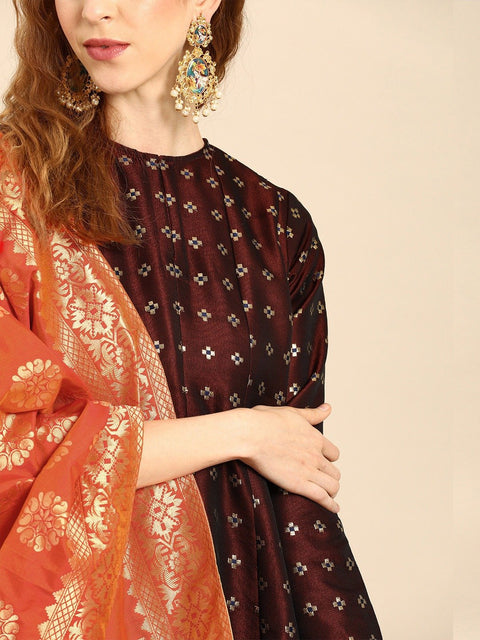 Women Maroon and Orange Full Sleeves Woven Design Brocade A-line Dress with Dupatta