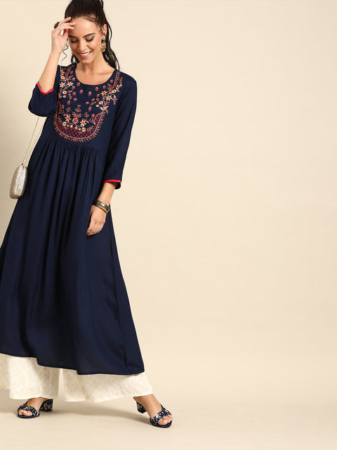 Women Navy Blue Calf Length Three-Quarter Sleeves A-Line Solid Yoke Design Viscose Rayon Kurta