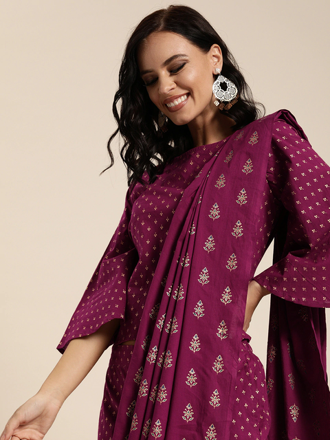 Women Wine Printed Palazzo Saree with Blouse