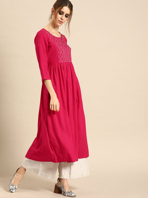 Women Pink Calf Length Three-Quarter Sleeves A-Line Solid Solid Viscose Rayon Embroided Kurta