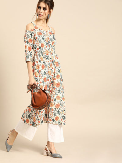 Women White Calf Length Three-Quarter Sleeves A-Line Floral Printed Cotton Kurta