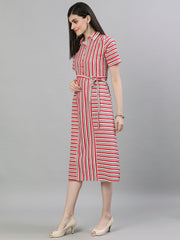 Women Red Striped Striped Shirt Collar Cotton A-Line Dress