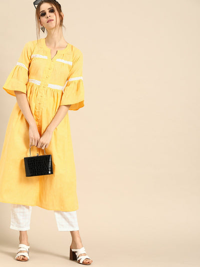 Nayo Women Pastel Yellow Three-Quarter Sleeves Solid Flared Pure Cotton Kurta with Schiffli Trouser