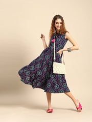 Women Indigo Blue Calf Length Sleeveless A-Line Bandhani Printed Cotton Kurta