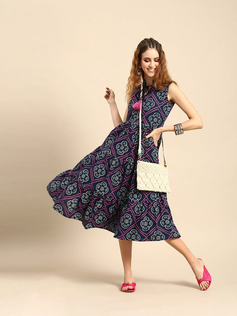 Women Indigo Blue Calf Length Sleeveless A-Line Bandhani Printed Cotton Kurta
