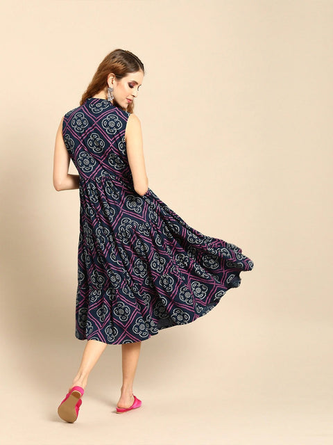 Women Indigo Blue Calf Length Sleeveless A-Line Bandhani Printed Cotton Kurta