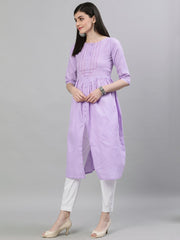 Women Lavender Calf Length Three-Quarter Sleeves A-Line Solid Solid Cotton Kurta
