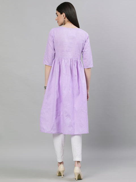 Women Lavender Calf Length Three-Quarter Sleeves A-Line Solid Solid Cotton Kurta