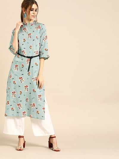 Women Green Calf Length Three-Quarter Sleeves Straight Floral Printed Cotton Kurta