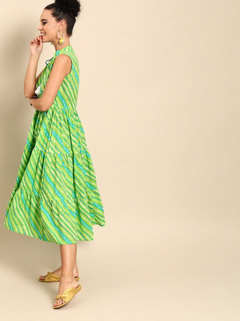 Women Green Calf Length Sleeveless A-Line Leheriya Striped Cotton Kurta
