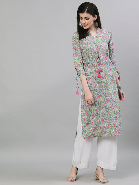 Women Light Grey Calf Length Three-Quarter Sleeves A-Line Floral Printed Cotton Kurta
